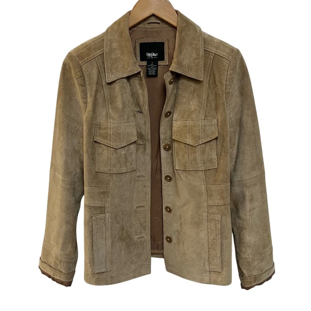 Vintage 90s 100% Suede Leather Jacket Western Cargo Pockets Mossimo Tan Small